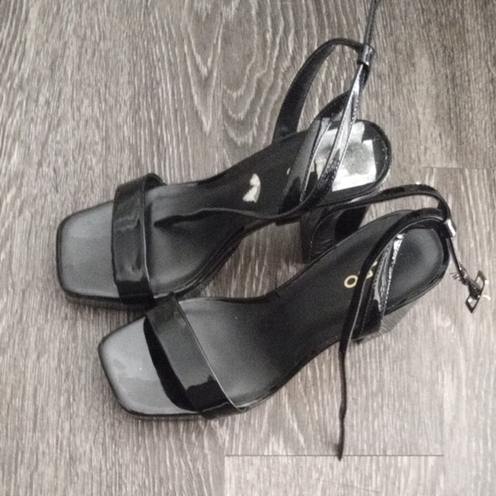 Aldo Glossy Black Strappy Heels